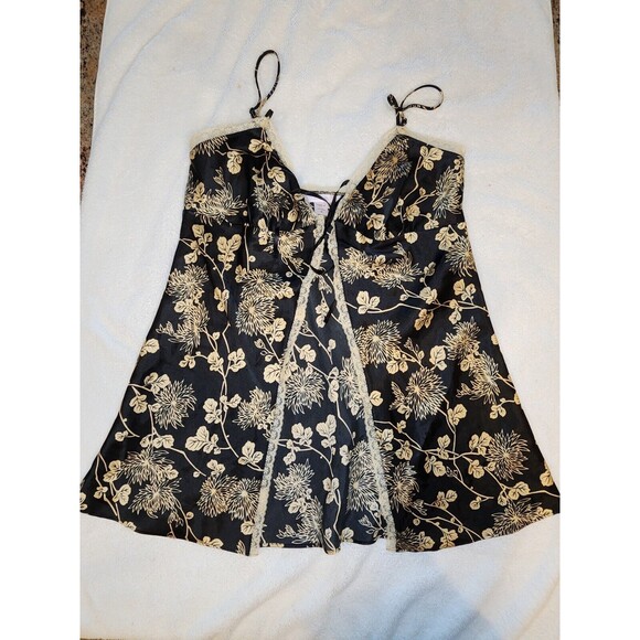 Y2k Victoria's Secret Black Gold Tie Babydoll Chemise Size M  Lace Satin - Picture 1 of 8